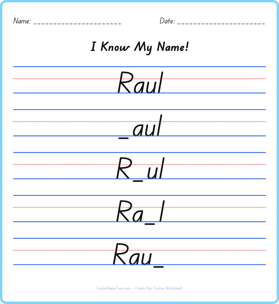 Free Raul custom name tracing - fill-in-the-blank free worksheet