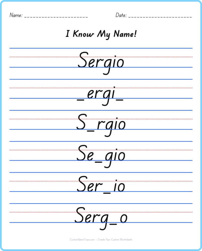 Free Sergio custom name tracing - fill-in-the-blank free worksheet