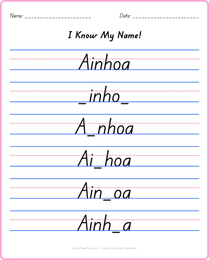 Free Ainhoa custom name tracing - fill-in-the-blank free worksheet
