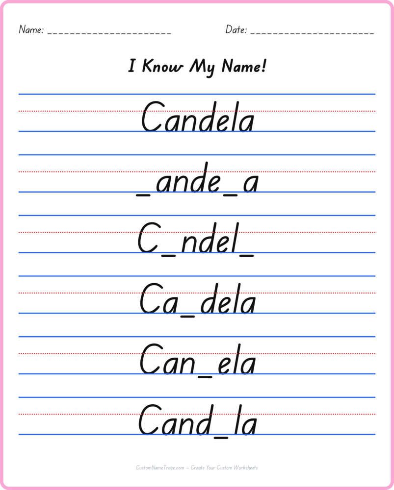Free Candela custom name tracing - fill-in-the-blank free worksheet
