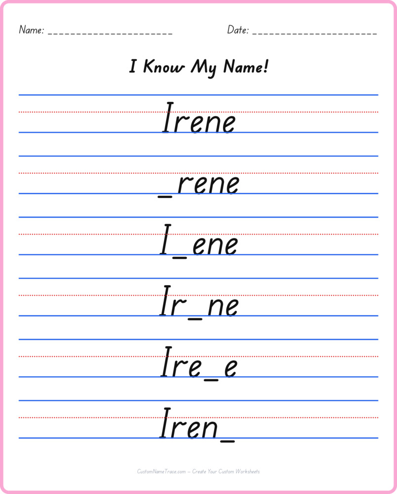 Free Irene custom name tracing - fill-in-the-blank free worksheet