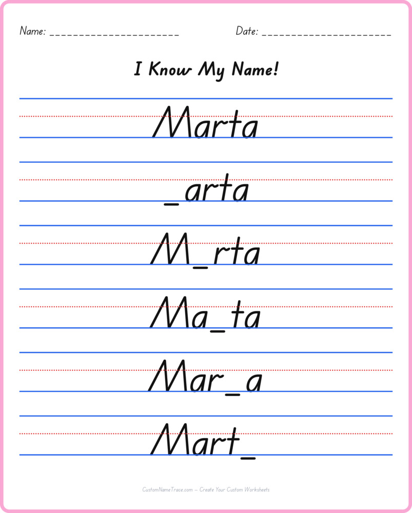 Free Marta custom name tracing - fill-in-the-blank free worksheet