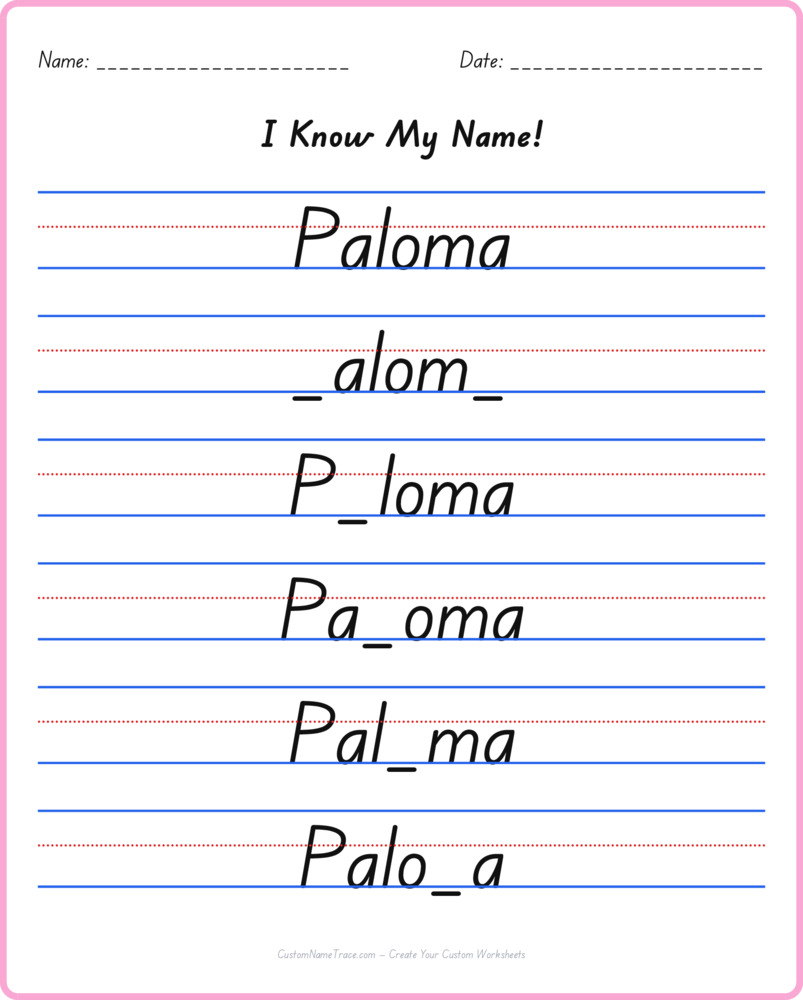 Free Paloma custom name tracing - fill-in-the-blank free worksheet
