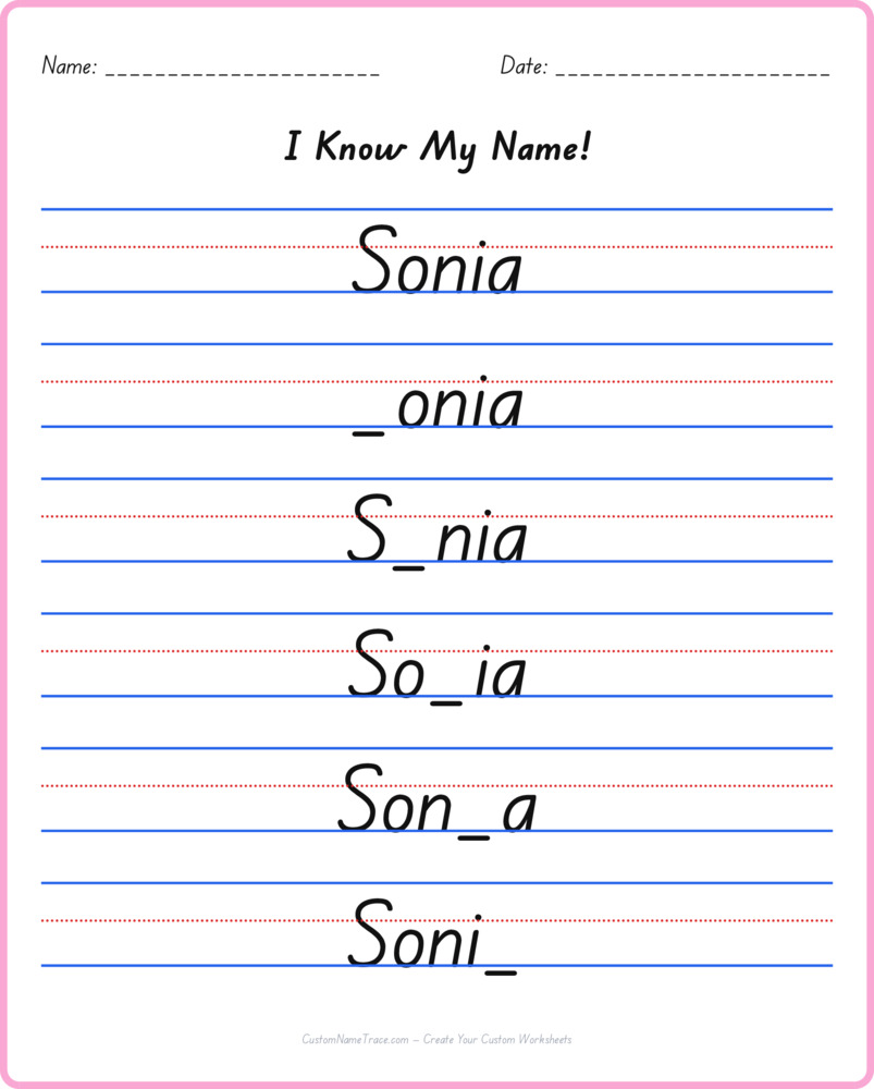 Free Sonia custom name tracing - fill-in-the-blank free worksheet