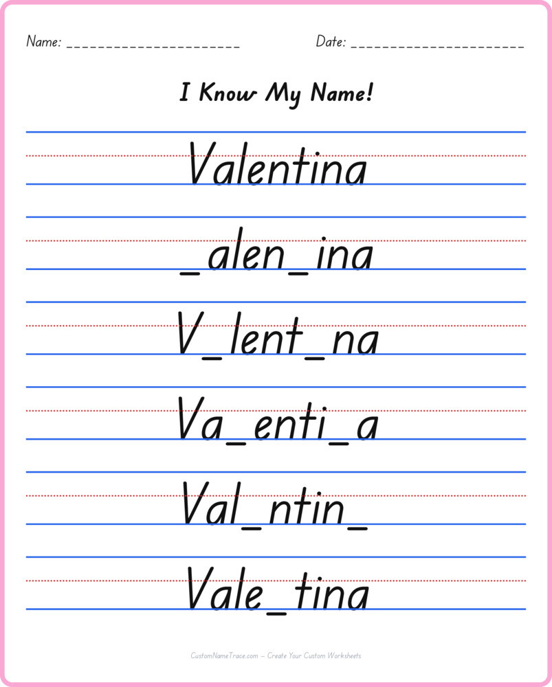 Free Valentina custom name tracing - fill-in-the-blank free worksheet