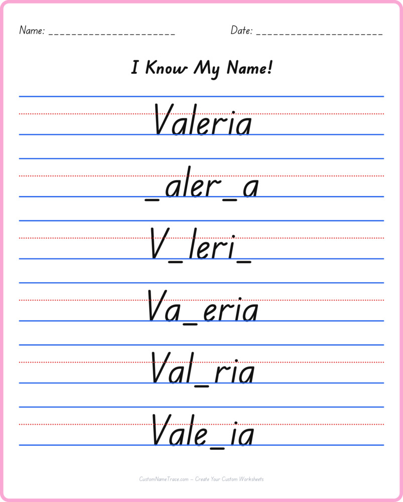 Free Valeria custom name tracing - fill-in-the-blank free worksheet