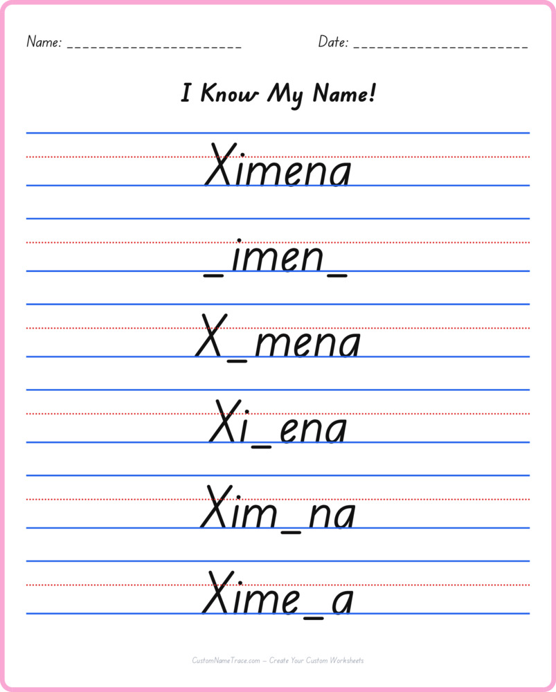 Free Ximena custom name tracing - fill-in-the-blank free worksheet