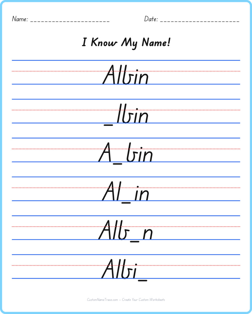Free Albin custom name tracing - fill-in-the-blank free worksheet