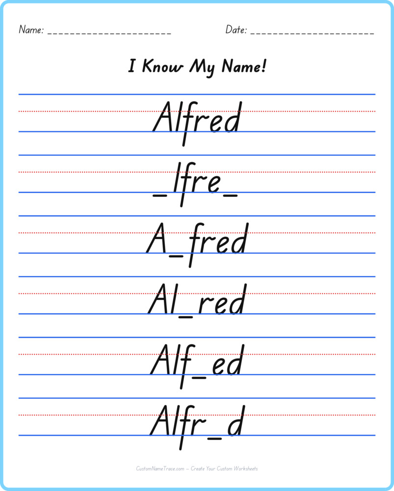 Free Alfred custom name tracing - fill-in-the-blank free worksheet