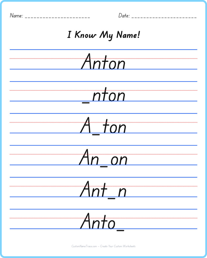 Free Anton custom name tracing - fill-in-the-blank free worksheet