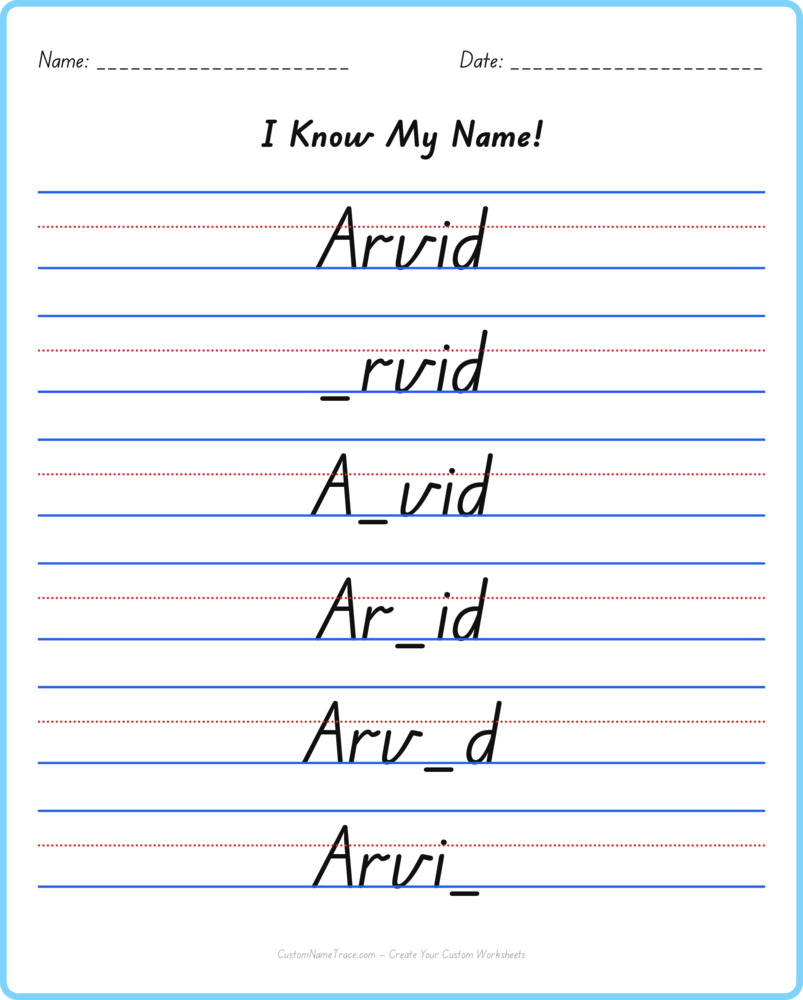 Free Arvid custom name tracing - fill-in-the-blank free worksheet