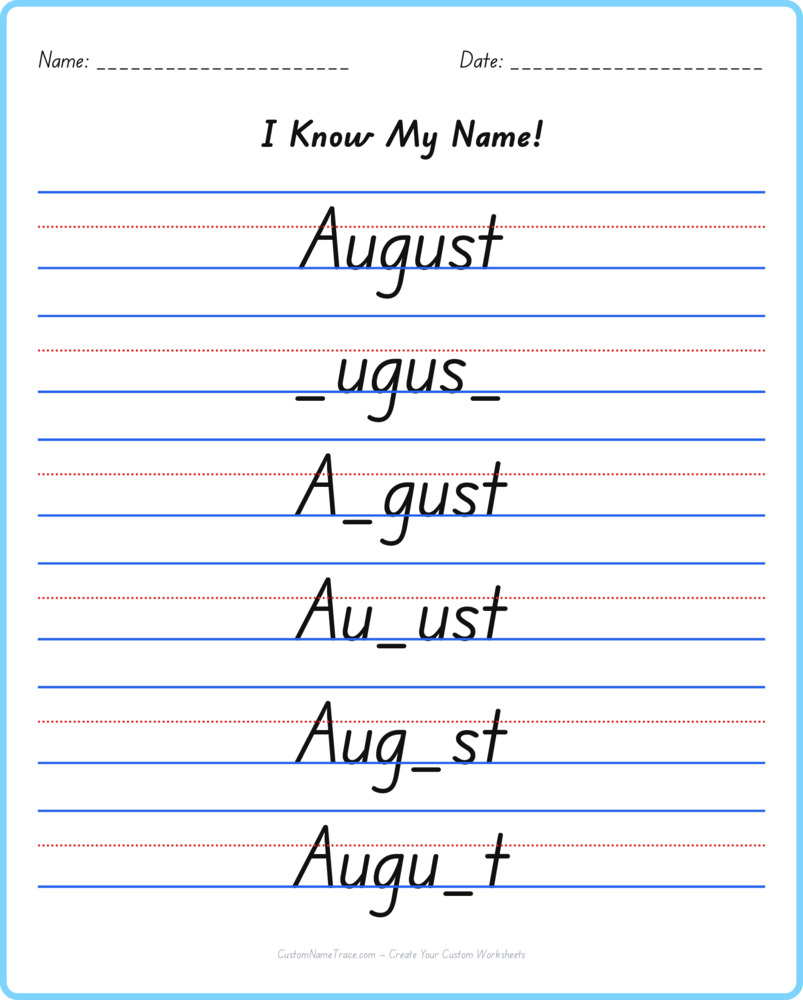 Free August custom name tracing - fill-in-the-blank free worksheet