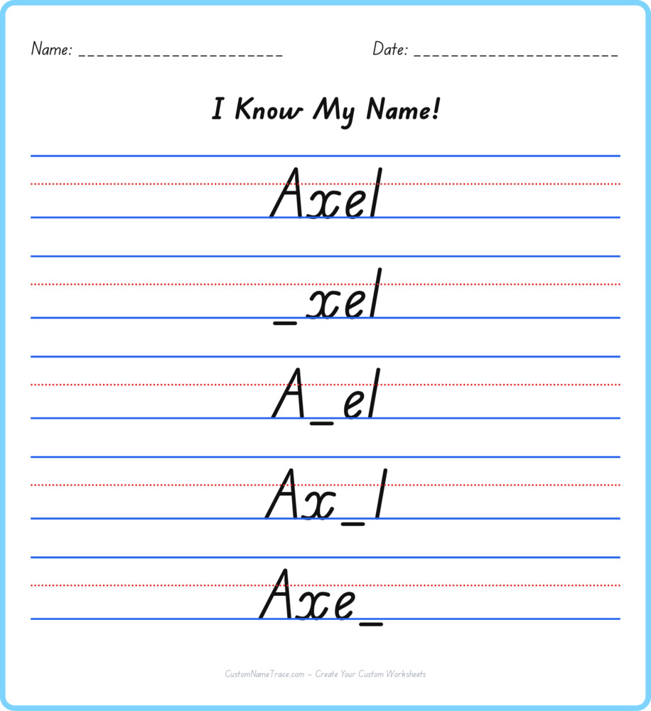 Free Axel custom name tracing - fill-in-the-blank free worksheet