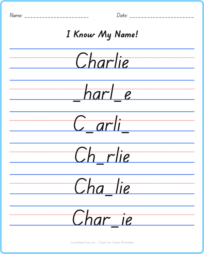 Free Charlie custom name tracing - fill-in-the-blank free worksheet