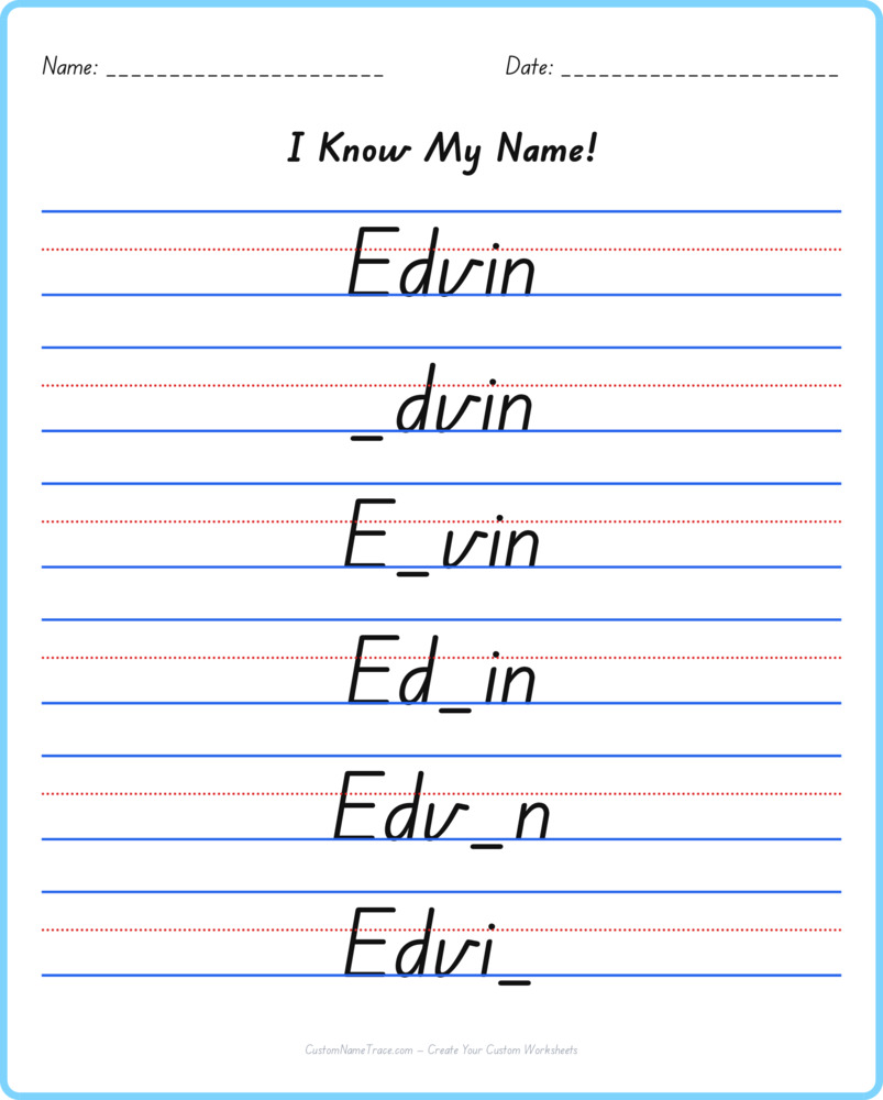 Free Edvin custom name tracing - fill-in-the-blank free worksheet