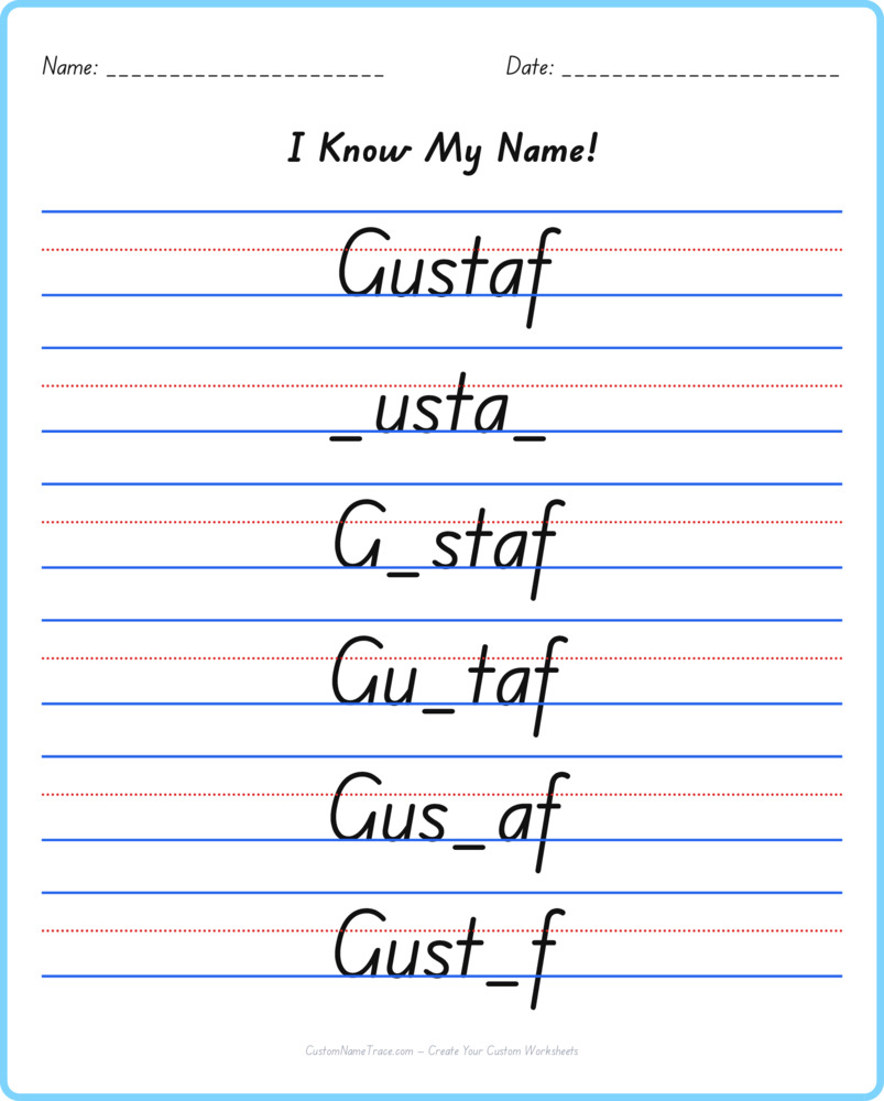 Free Gustaf custom name tracing - fill-in-the-blank free worksheet