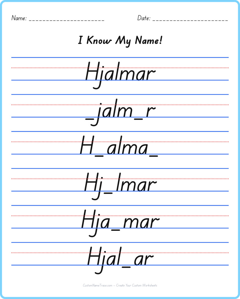 Free Hjalmar custom name tracing - fill-in-the-blank free worksheet