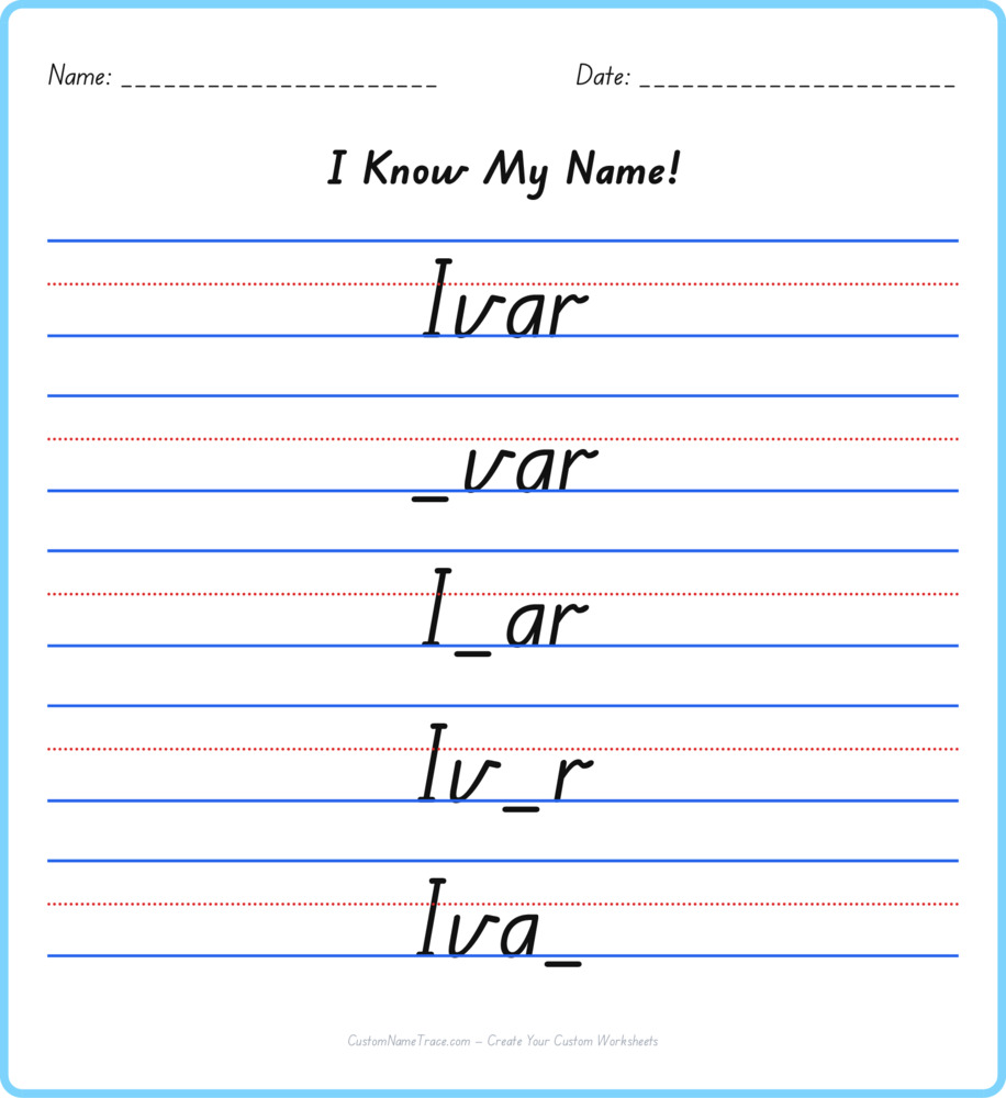 Free Ivar custom name tracing - fill-in-the-blank free worksheet