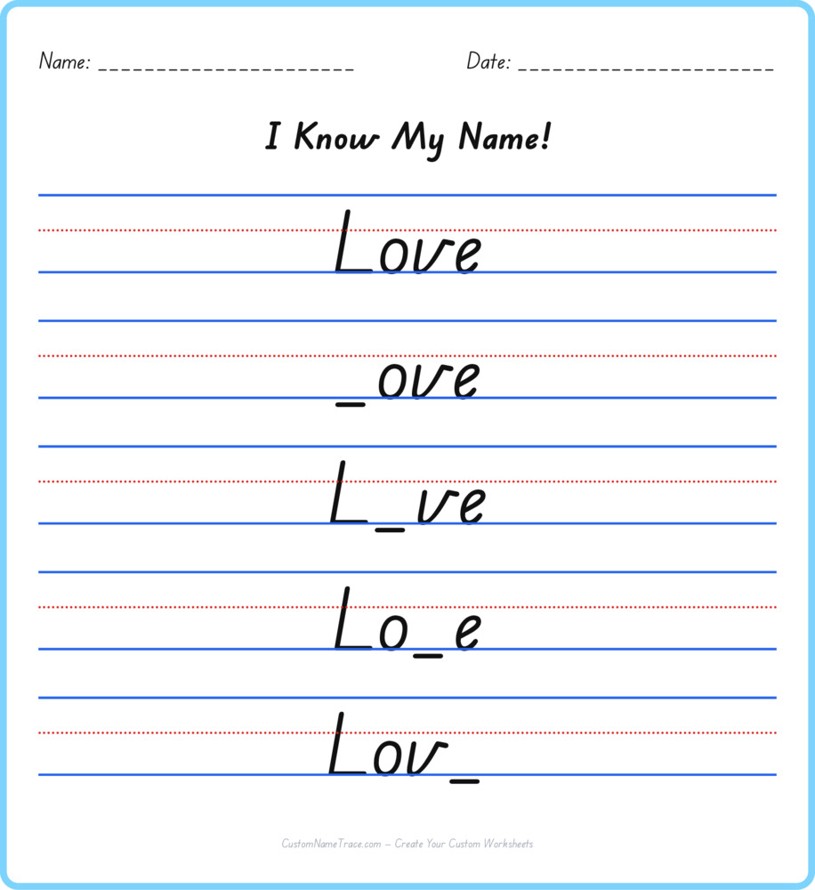 Free Love custom name tracing - fill-in-the-blank free worksheet