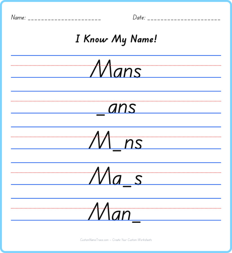 Free Mans custom name tracing - fill-in-the-blank free worksheet