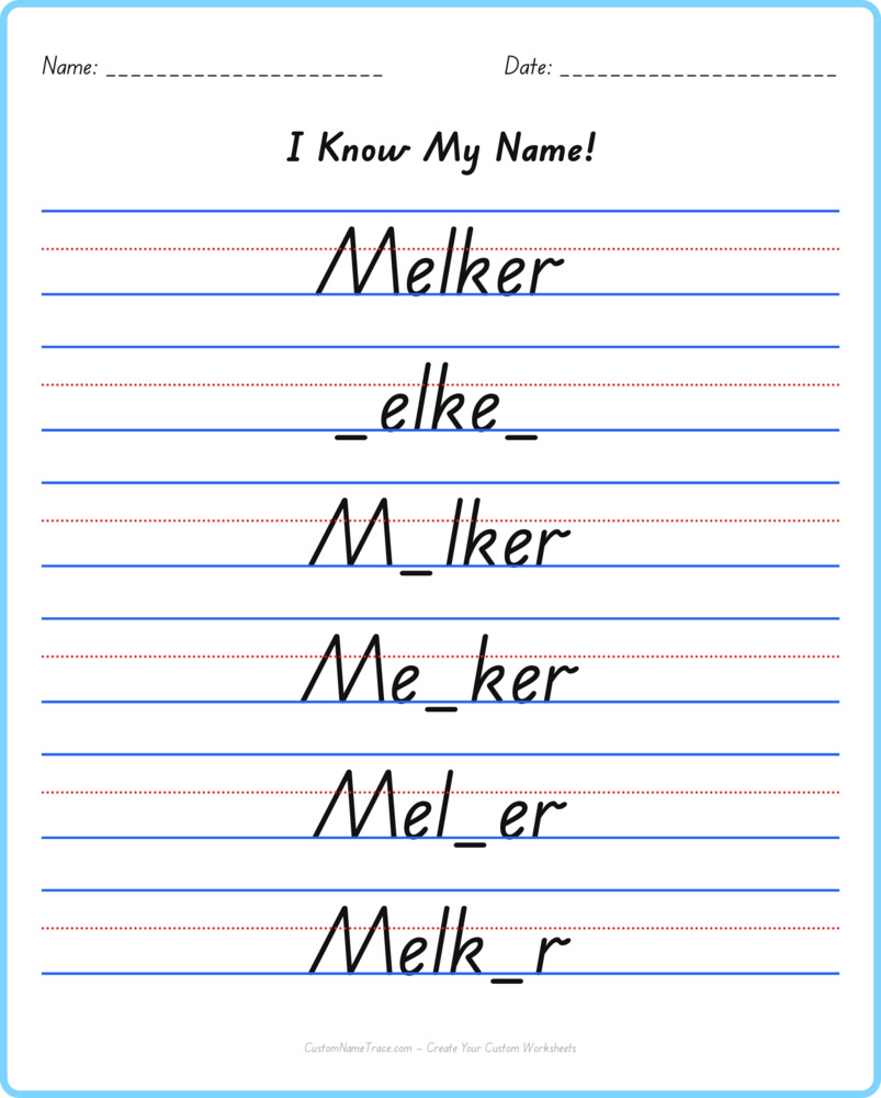 Free Melker custom name tracing - fill-in-the-blank free worksheet