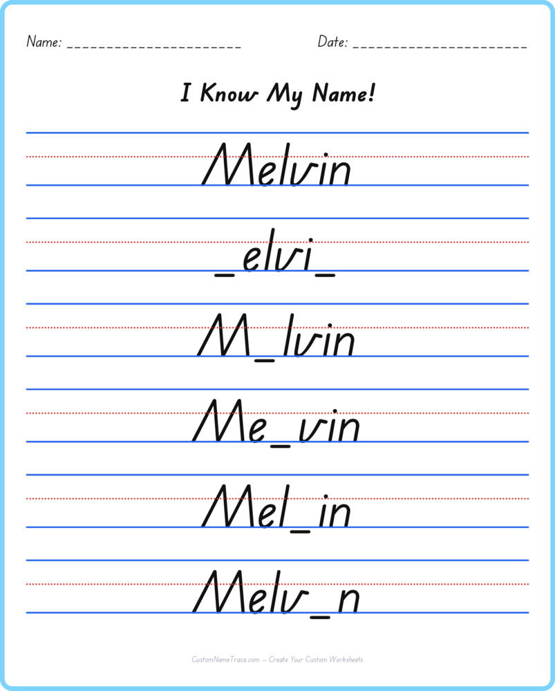 Free Melvin custom name tracing - fill-in-the-blank free worksheet