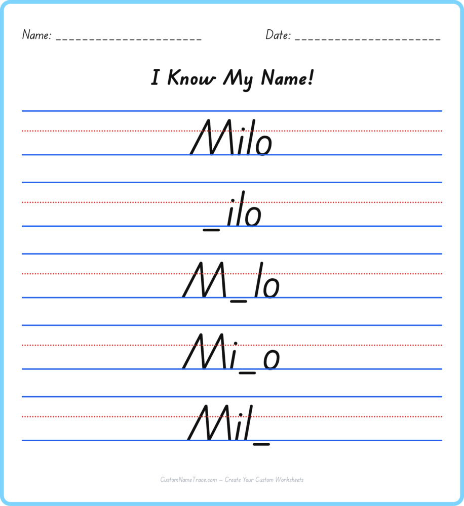 Free Milo custom name tracing - fill-in-the-blank free worksheet