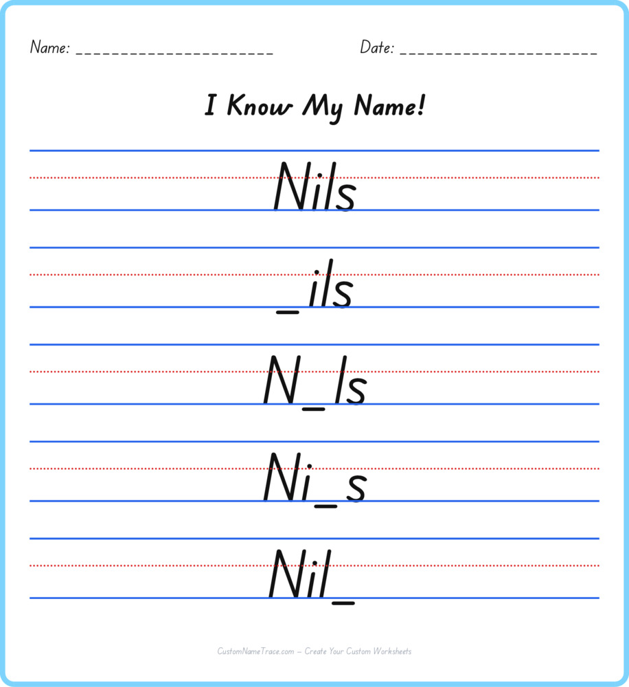 Free Nils custom name tracing - fill-in-the-blank free worksheet