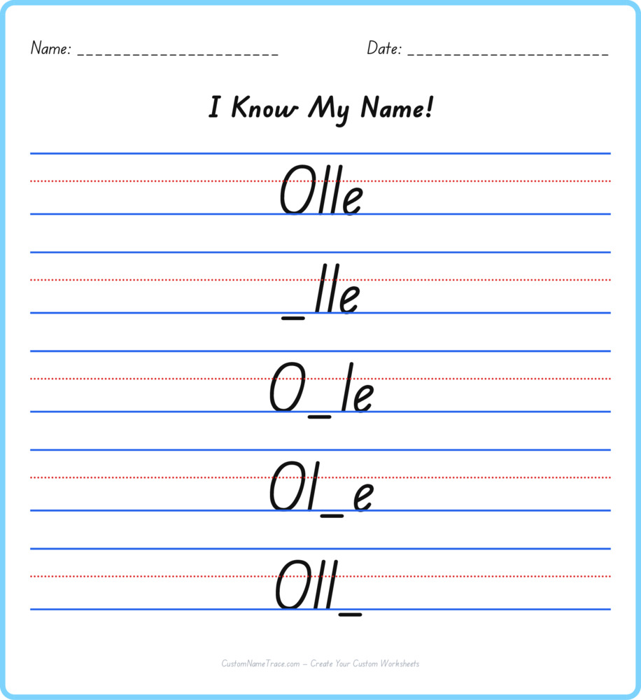 Free Olle custom name tracing - fill-in-the-blank free worksheet