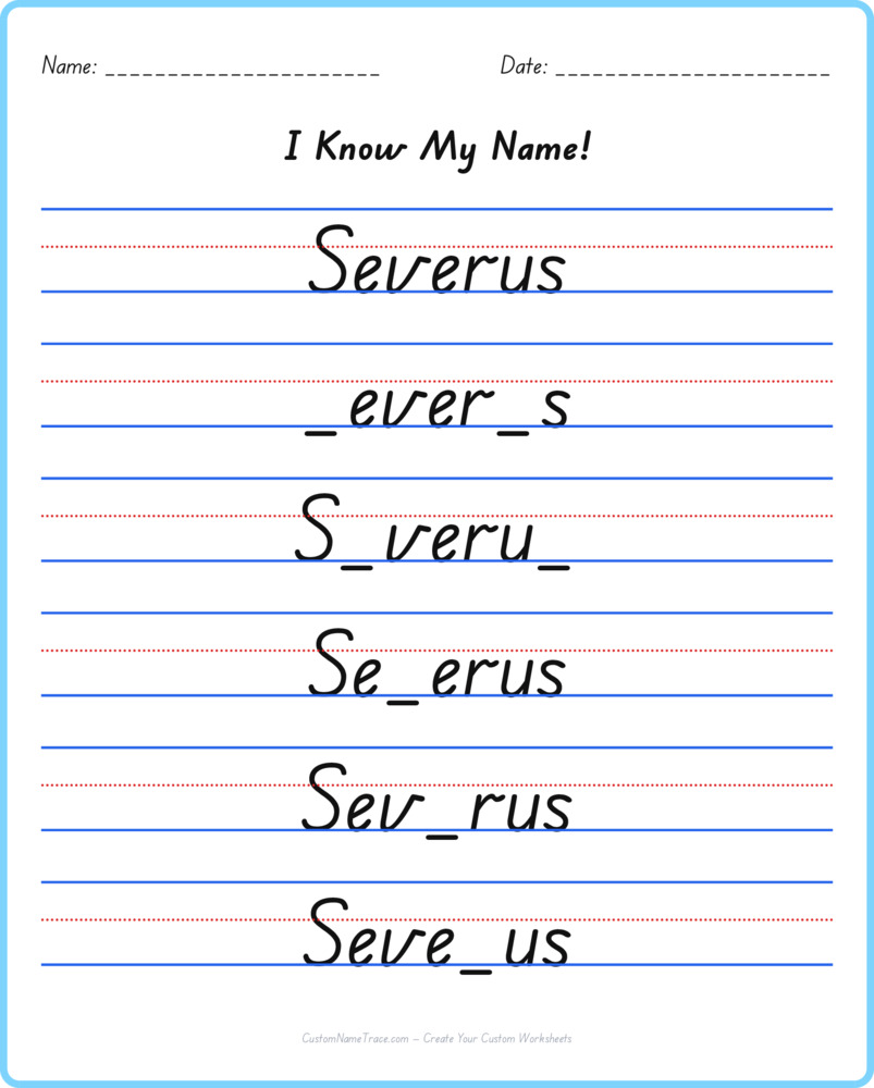Free Severus custom name tracing - fill-in-the-blank free worksheet