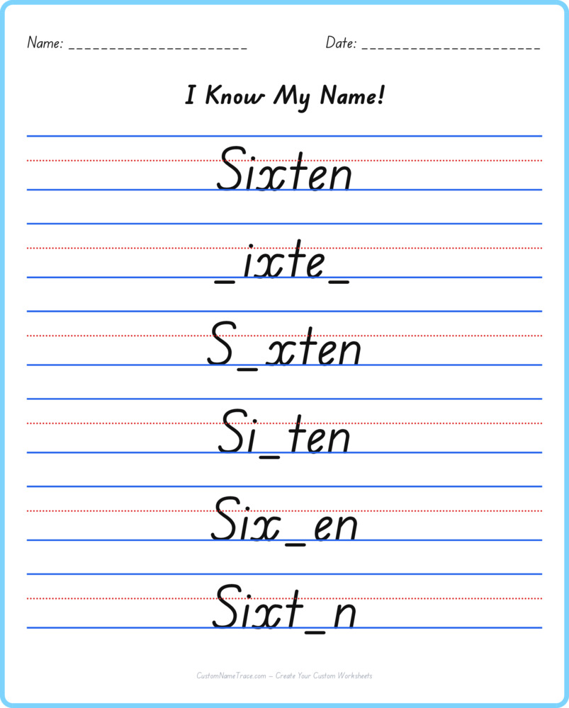Free Sixten custom name tracing - fill-in-the-blank free worksheet