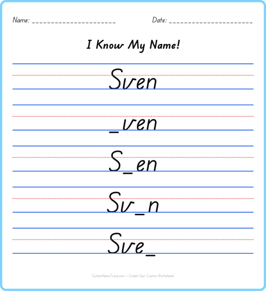 Free Sven custom name tracing - fill-in-the-blank free worksheet