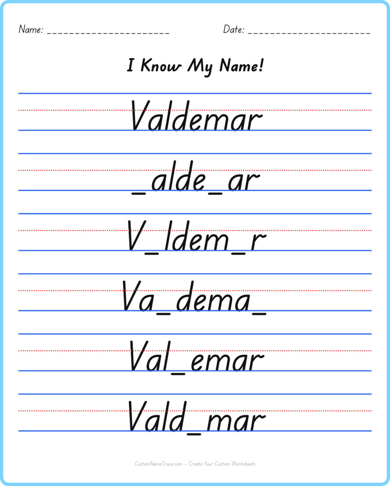 Free Valdemar custom name tracing - fill-in-the-blank free worksheet