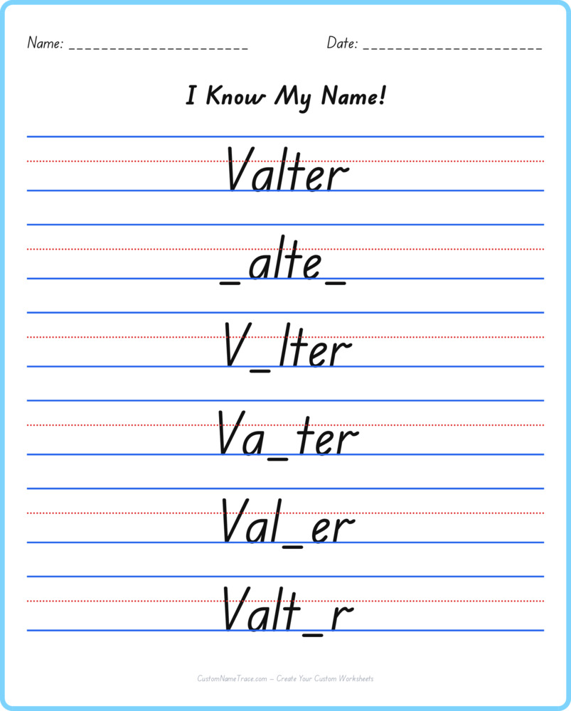 Free Valter custom name tracing - fill-in-the-blank free worksheet