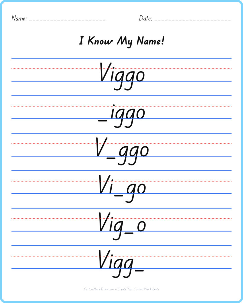 Free Viggo custom name tracing - fill-in-the-blank free worksheet