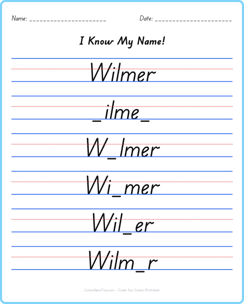 Free Wilmer custom name tracing - fill-in-the-blank free worksheet