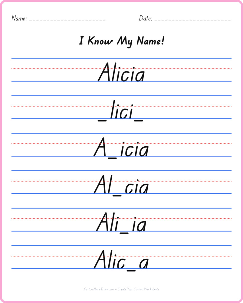 Free Alicia custom name tracing - fill-in-the-blank free worksheet