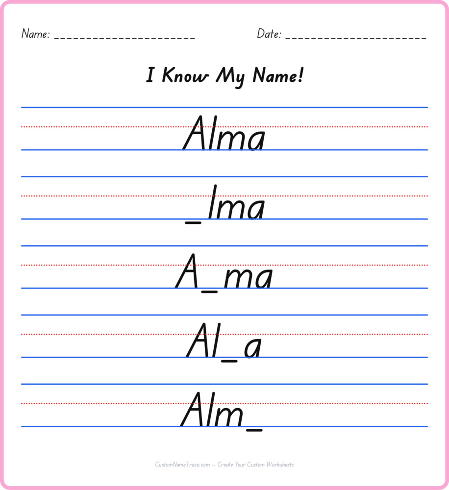 Free Alma custom name tracing - fill-in-the-blank free worksheet