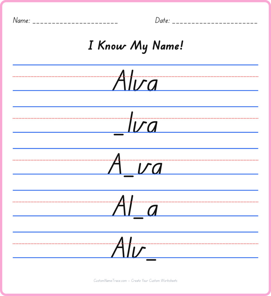 Free Alva custom name tracing - fill-in-the-blank free worksheet