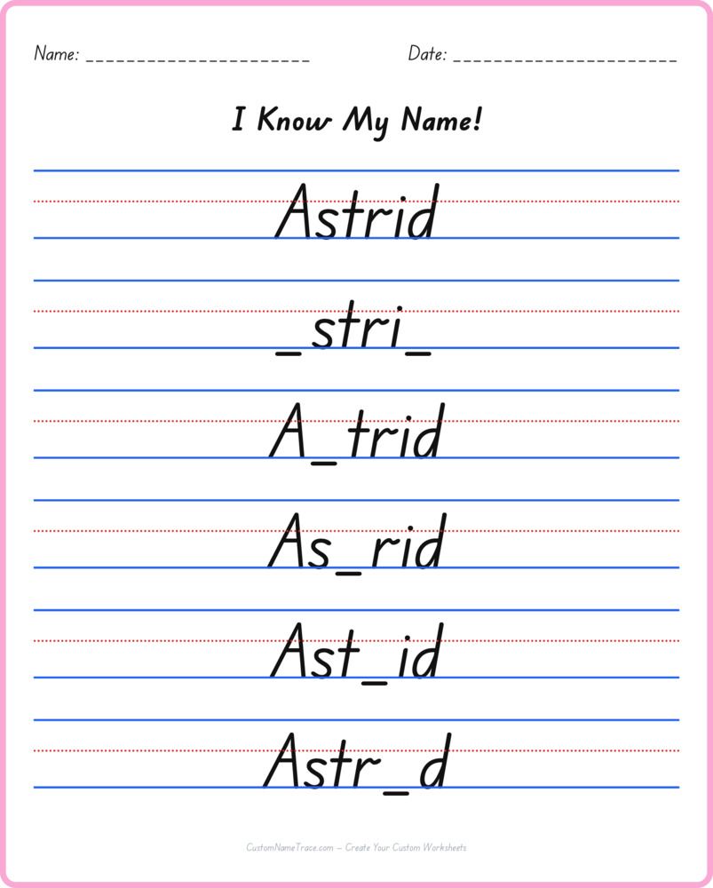Free Astrid custom name tracing - fill-in-the-blank free worksheet