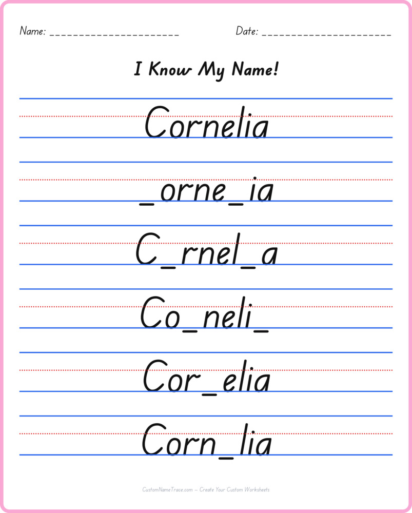 Free Cornelia custom name tracing - fill-in-the-blank free worksheet