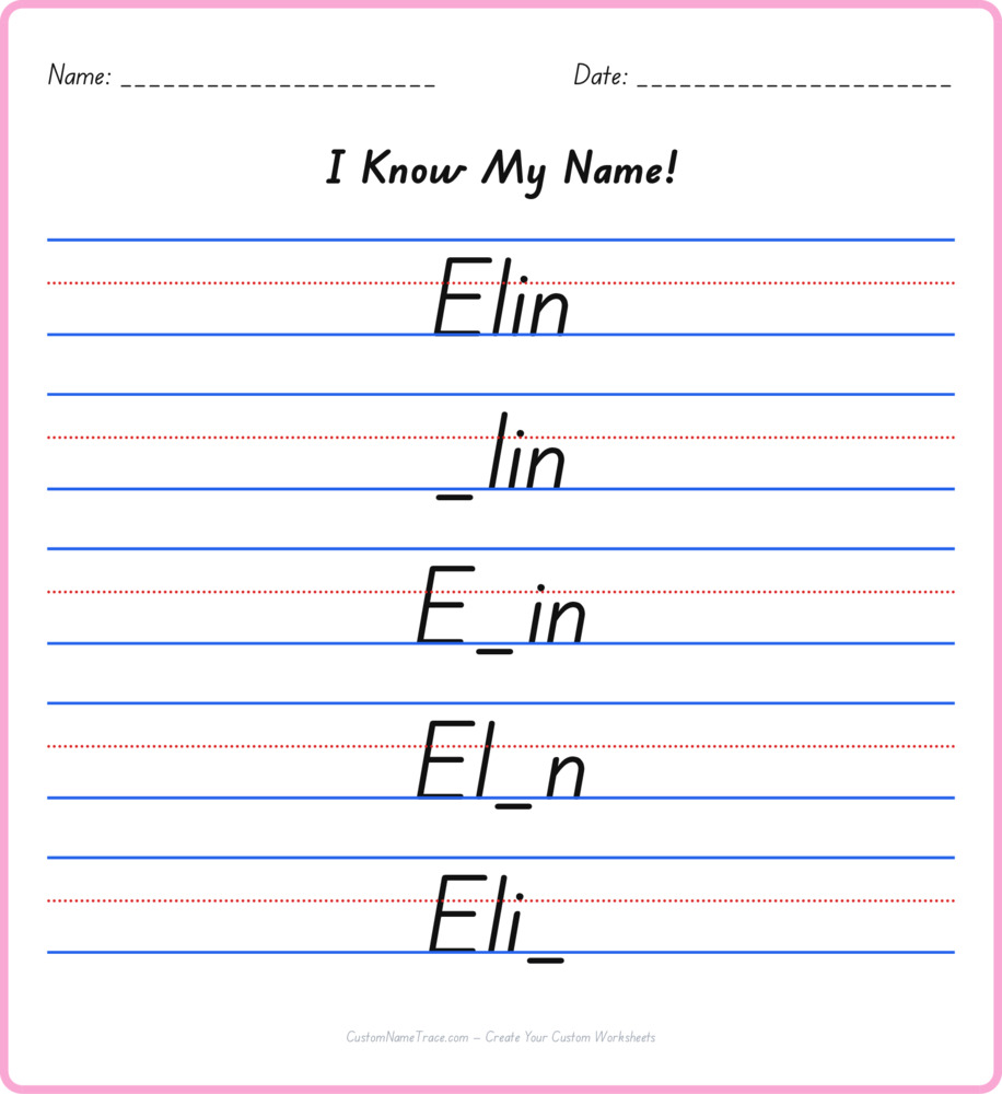 Free Elin custom name tracing - fill-in-the-blank free worksheet