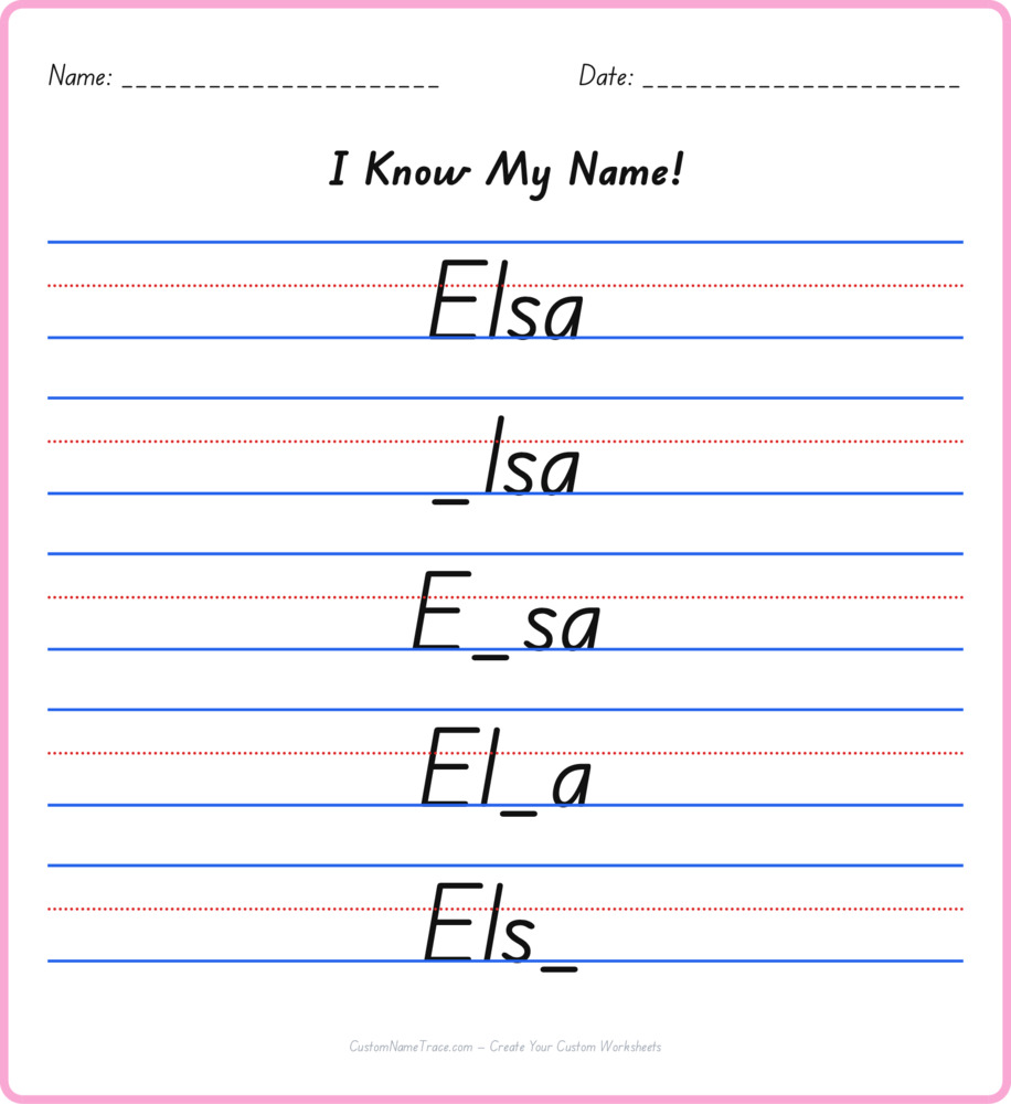 Free Elsa custom name tracing - fill-in-the-blank free worksheet