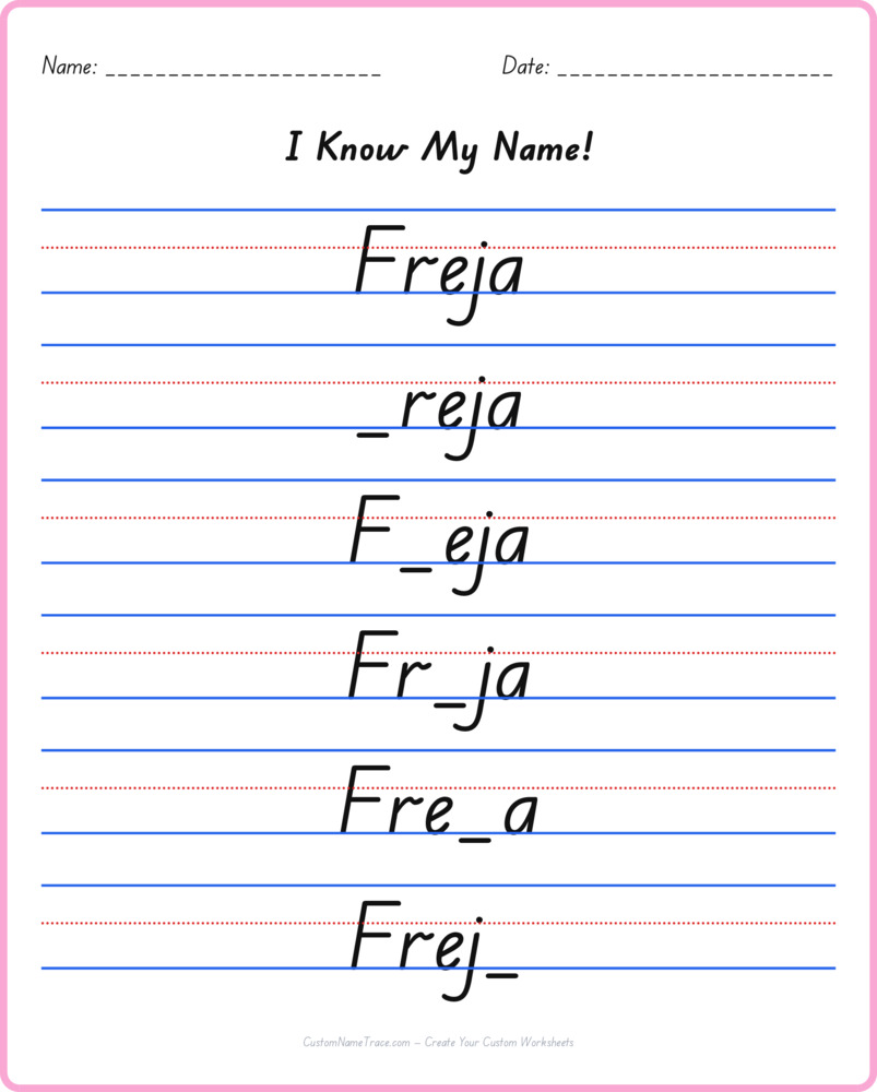 Free Freja custom name tracing - fill-in-the-blank free worksheet