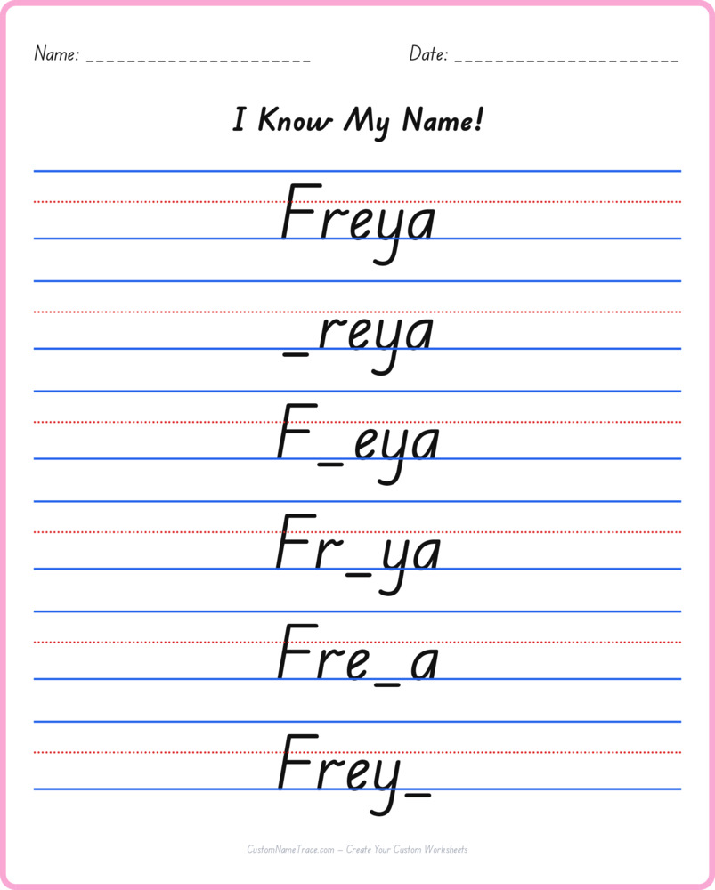 Free Freya custom name tracing - fill-in-the-blank free worksheet