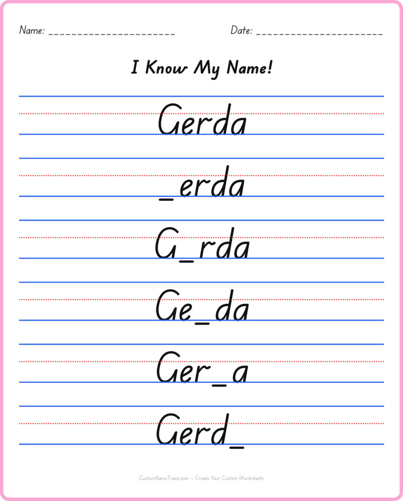 Free Gerda custom name tracing - fill-in-the-blank free worksheet
