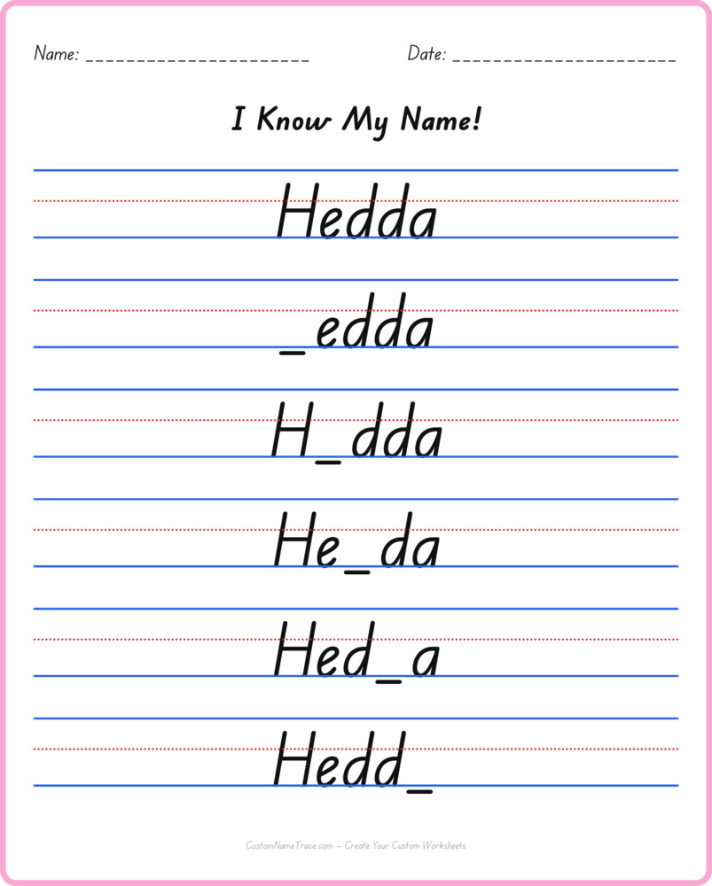 Free Hedda custom name tracing - fill-in-the-blank free worksheet
