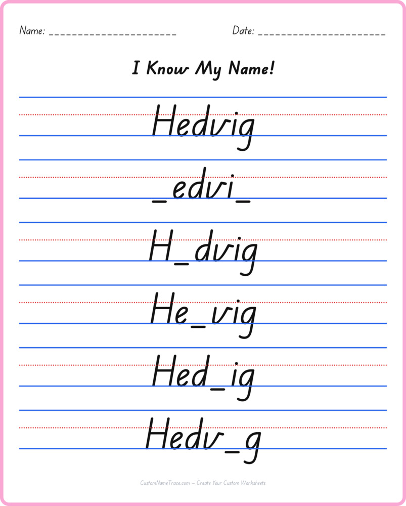 Free Hedvig custom name tracing - fill-in-the-blank free worksheet