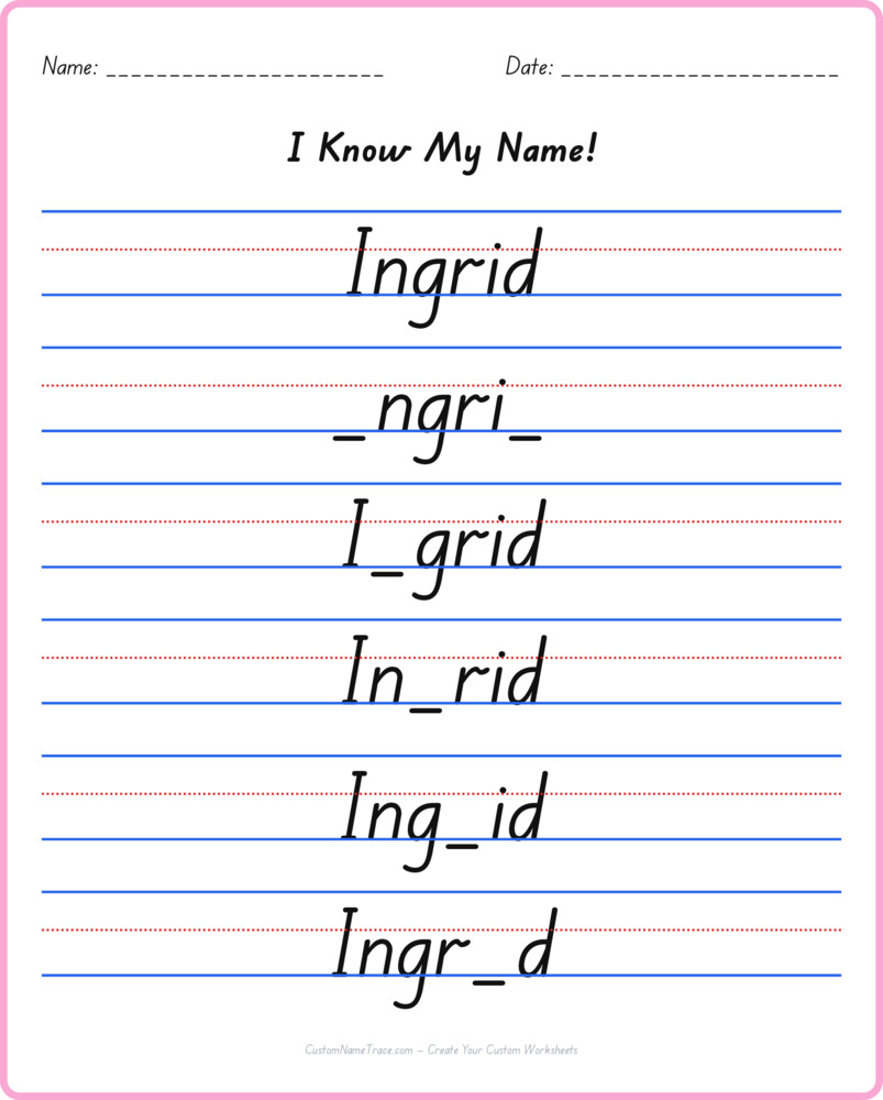 Free Ingrid custom name tracing - fill-in-the-blank free worksheet
