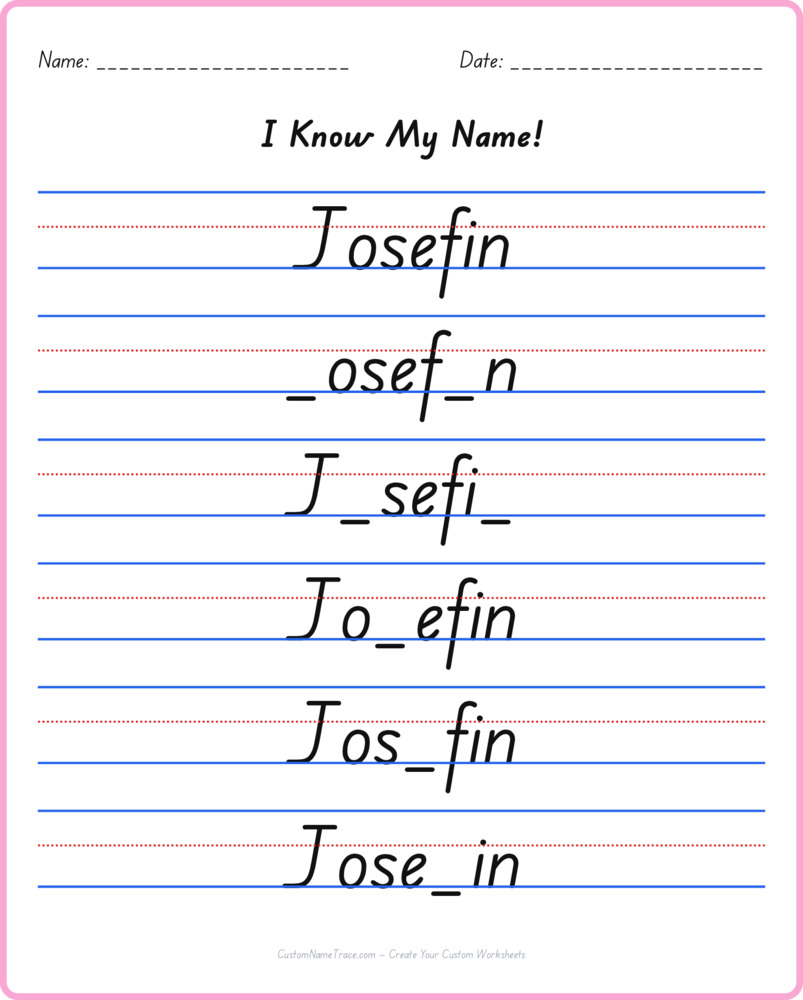Free Josefin custom name tracing - fill-in-the-blank free worksheet